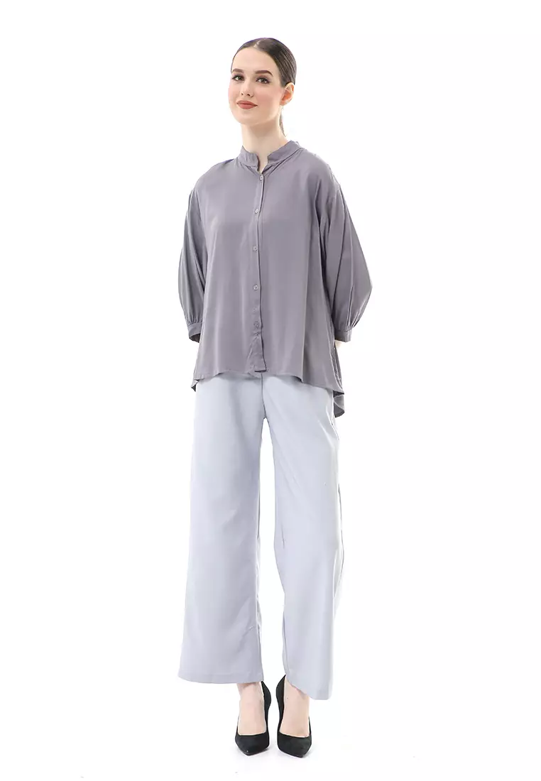 Ghita Kemeja Atasan Wanita Motif Polos Long Sleeve High Quality - Abu Tua