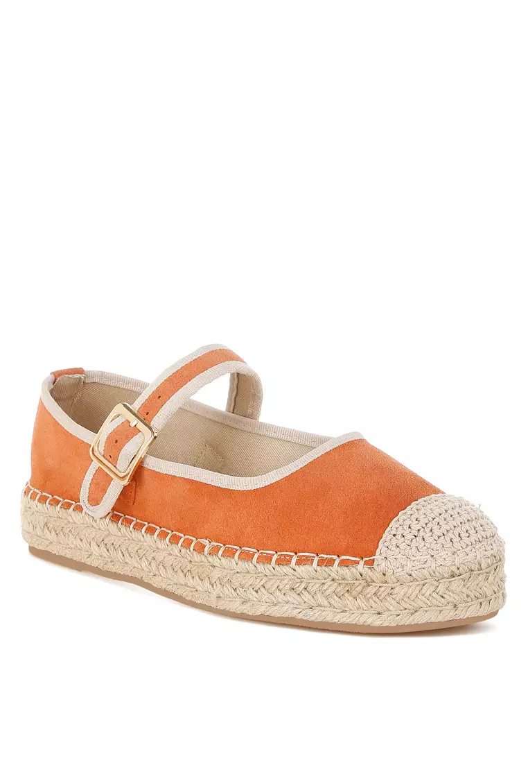 Sepatu Espadrilles Mary Jane Kulit Suede Lembut Warna Coklat Keemasan