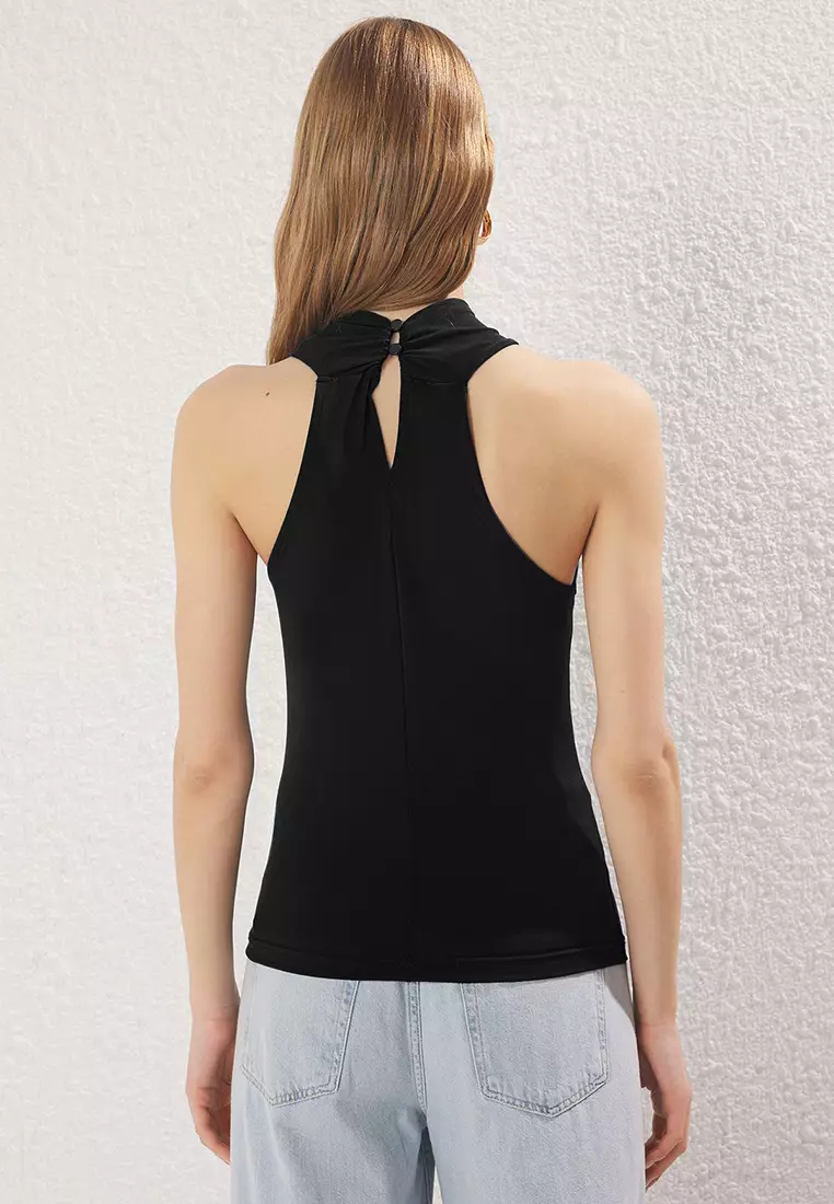 Black Halter Neck Fitted Knitted Blouse