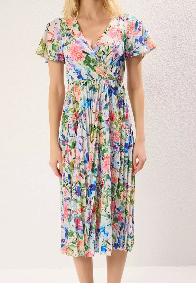 Blue Floral Skater Floral Pattern Double Breasted Handkerchief Sleeve Ribbed Flexible