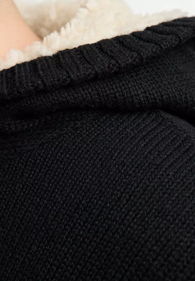 Black FL Men's Regular Hooded Plain Knitwear Cardigan TMNAW20HI0066