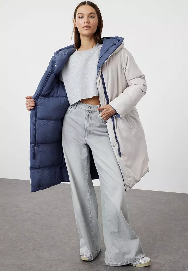 Grey-Blue Reversible Hooded Water Repellent Long Puffer Jacket TWOAW23MO00052