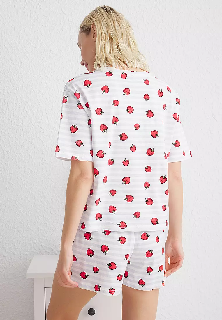 Multicolor Striped And Strawberry Patterned Shorts Knitted Pajama Set