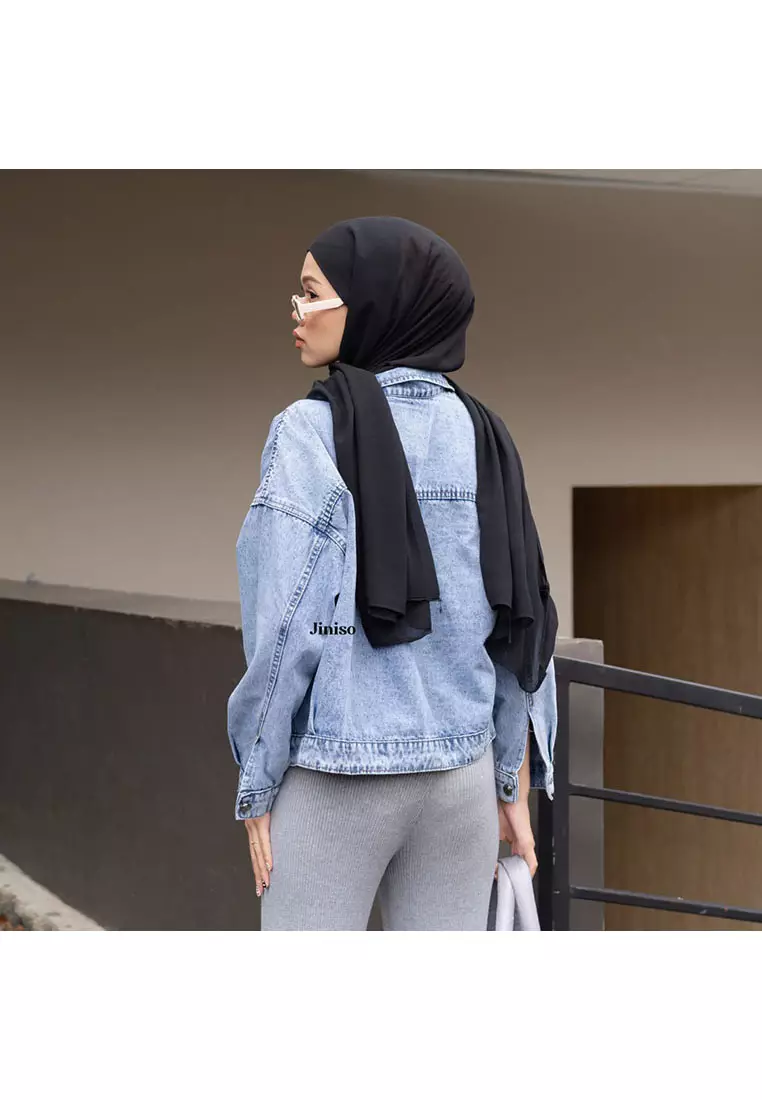 Jaket Crop Jeans Oversize Vintage Pocket Blue Acid