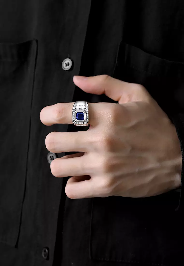 Cincin Pria Original Dilapisi Platinum Perhiasan Pria Tunangan Pernikahan Fashion Cincin Cowok blue