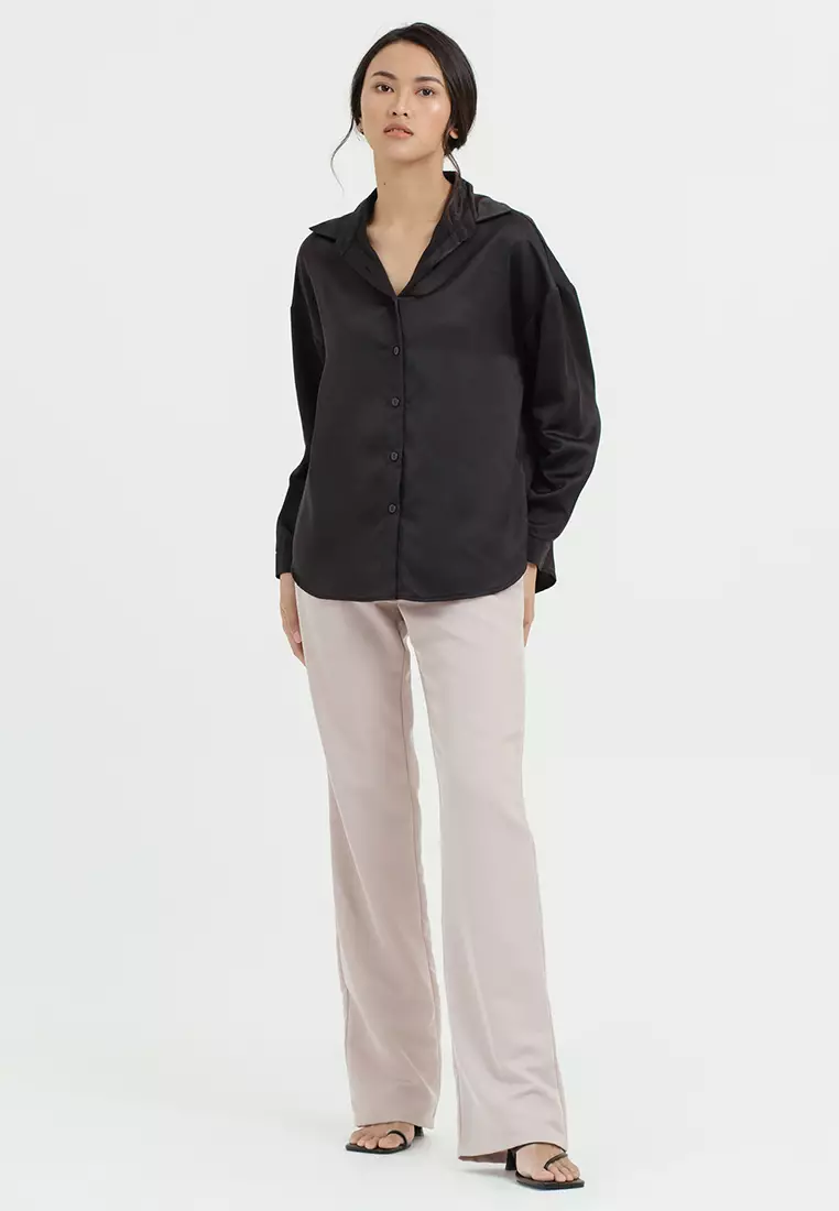 Oversized Sateen Shirt in Black