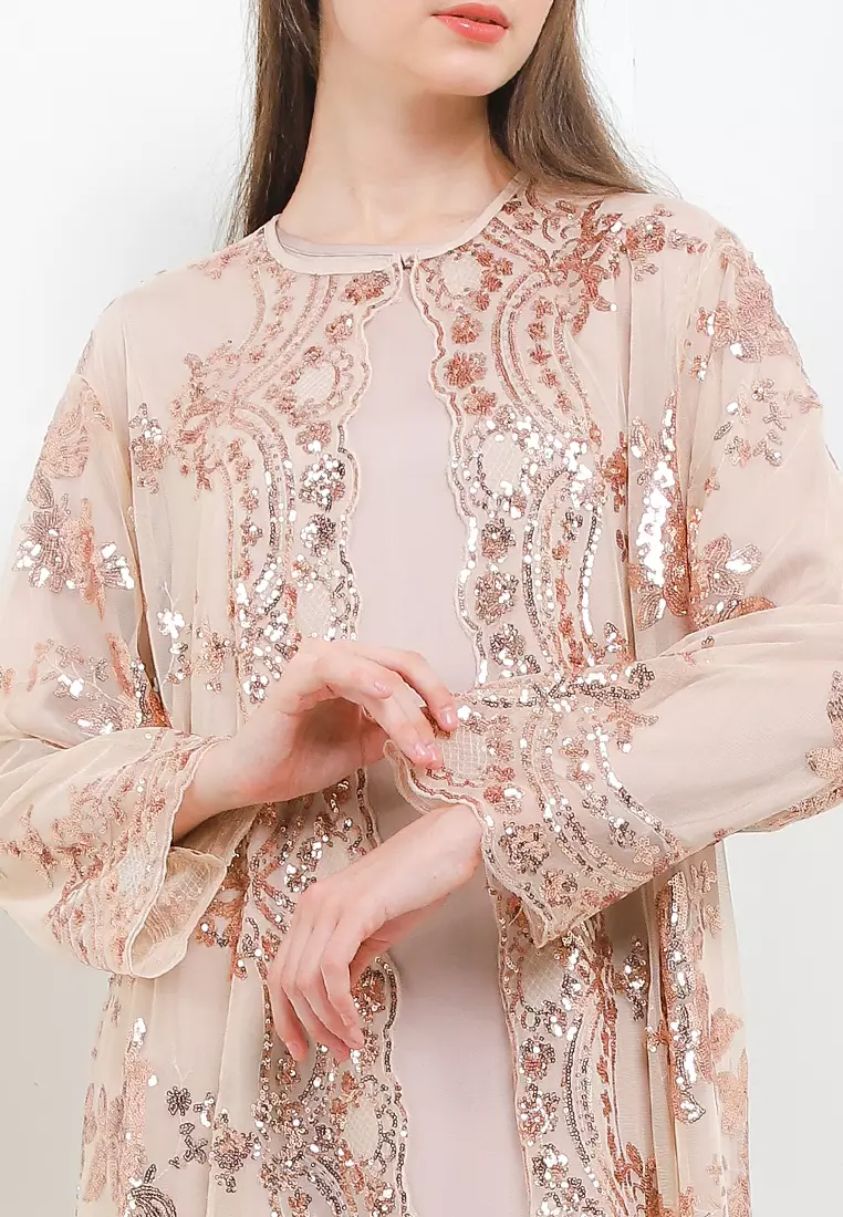 L/S Sequined Emb Mesh Outer With Separate Inner Dress