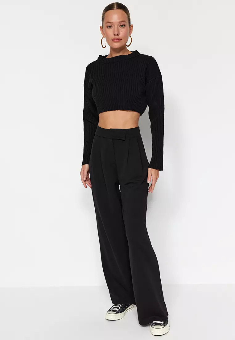 Black Hook And Loop Closure High Waist Pleated Wide Leg/Wide Cut Knitted Trousers Twoaw24Pl00177