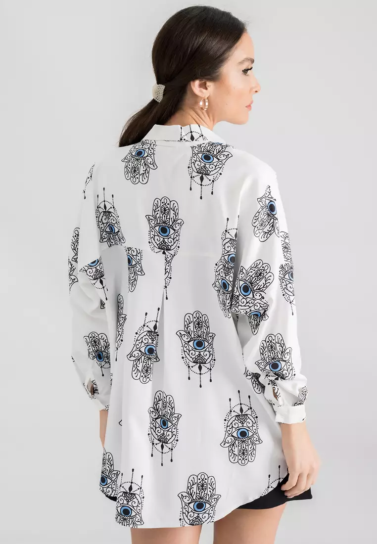 Light Blue Patterned Oversize Long Basic Shirt