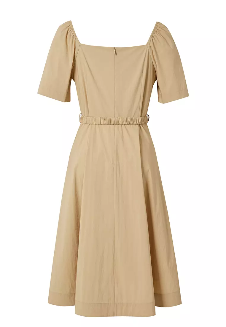Plain Puff Sleeve Square Neck Midi Dress with Elastic Belt