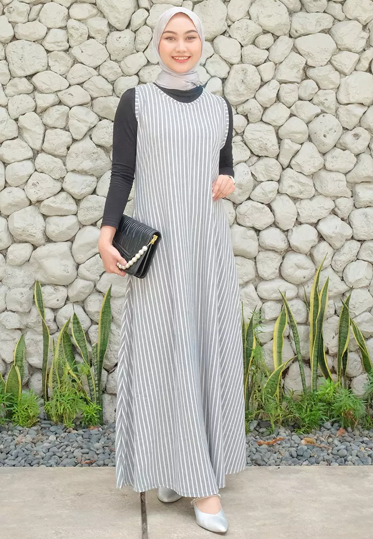 JV Hasanah Sheilla Sleeveless Big Stripes Dress Silver | Gamis Kensy Inner Salur