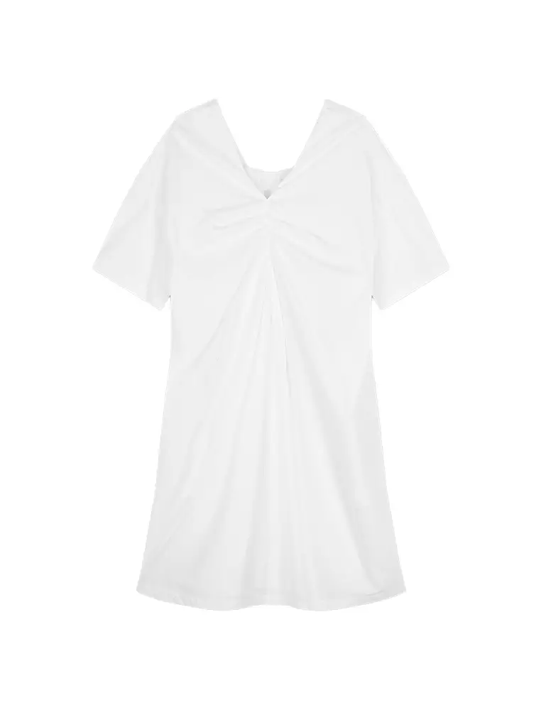 褶皺中長款短袖連衣裙