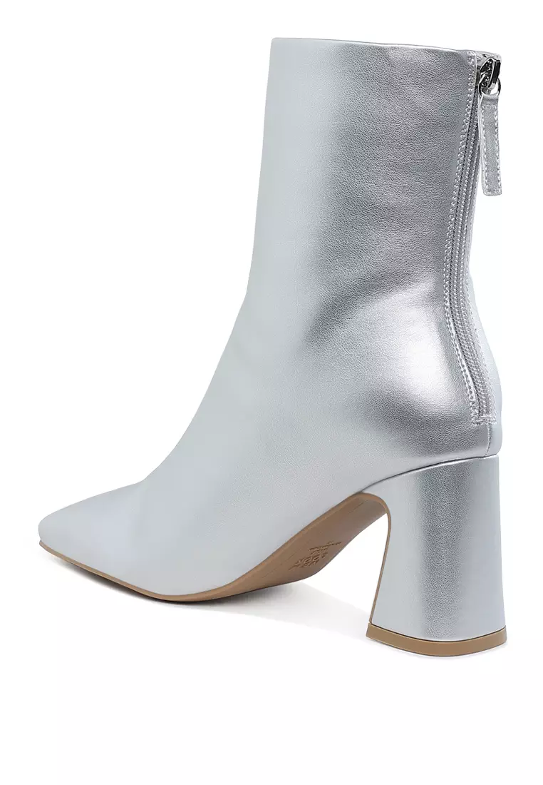 Square Toe Metallic Ankle Boots in Metallic Silver Pu