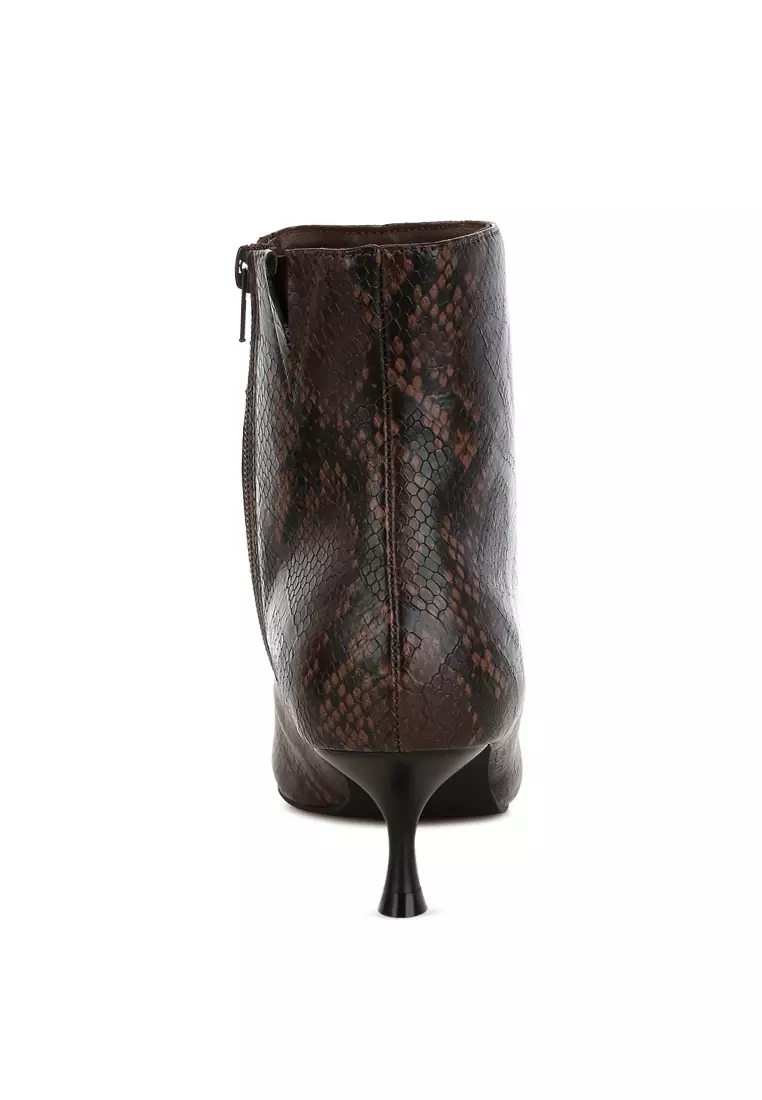 Snake Print Kitten Heel Boots in Chocolate