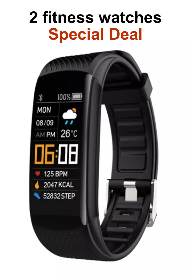 2 Unisex IOS/Android IP Black Waterproof Fitness SmartWatches, Heart Rate Monitoring, Weather, Clock, with Black Rubber Strap