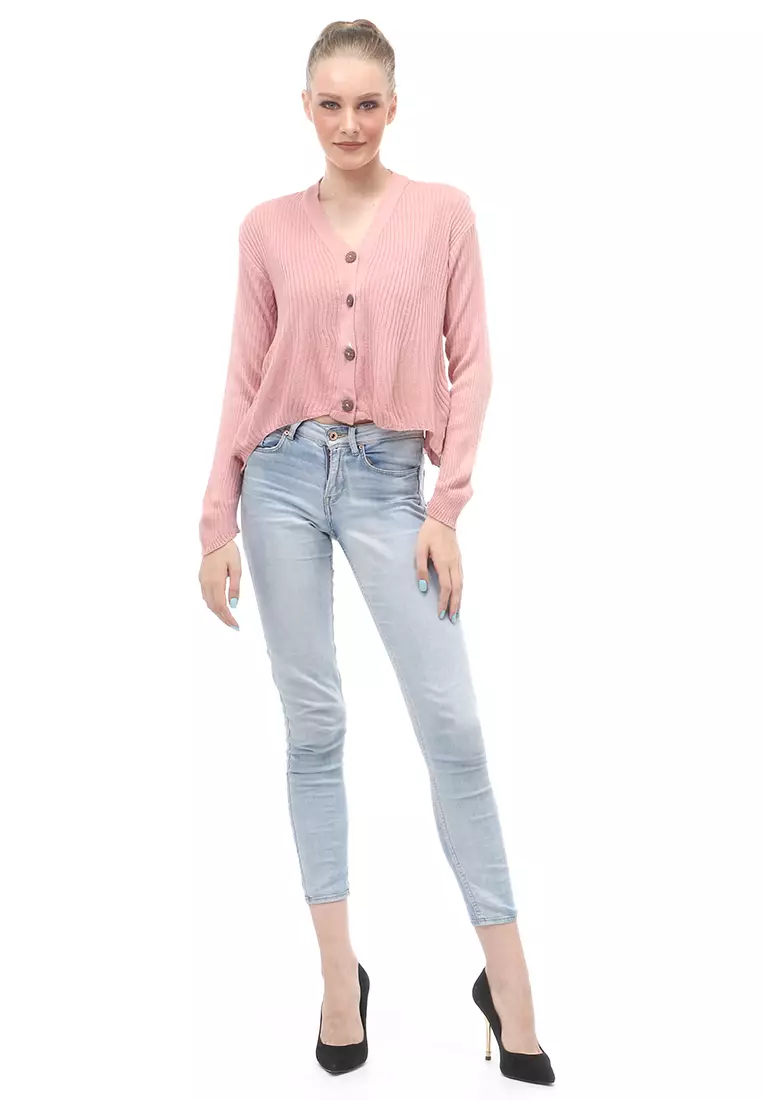 Cardigan Rajut Front Button Opening Fashion Wanita Long Sleeves Relaxed Fit - Dusty Pink