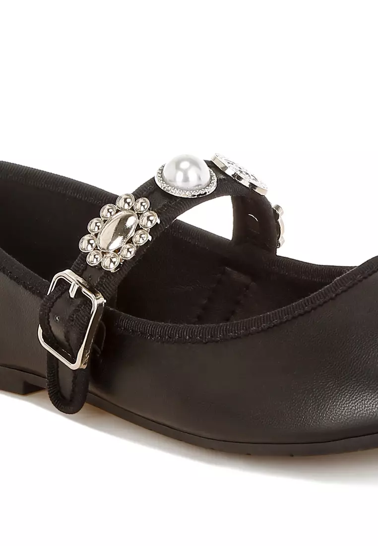Charms Embellished Flat Mary Janes in Black