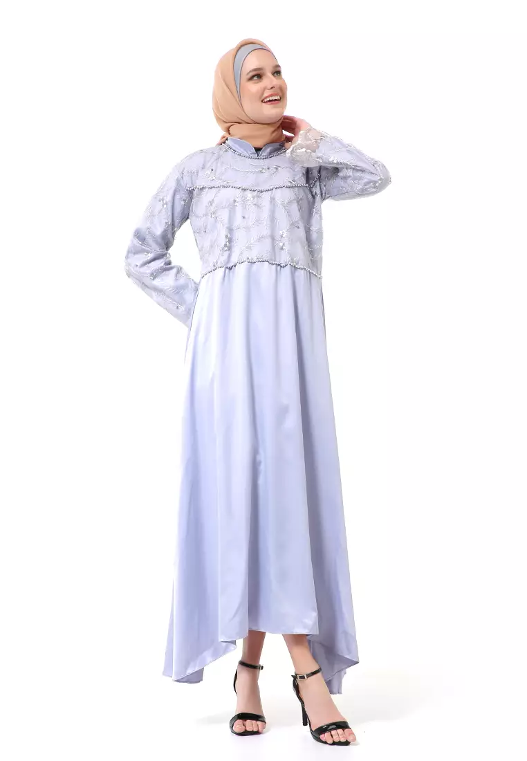 Erica Gamis Dress Muslimah Lengan Panjang Aksen Mutiara Fashion Wanita - Grey