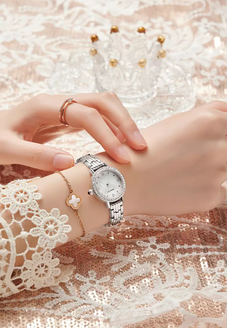 Jam Tangan Wanita Anti Air Anggun Mewah Berlian Jam Kuarsa Jam Tangan Cewek Original silver whtie