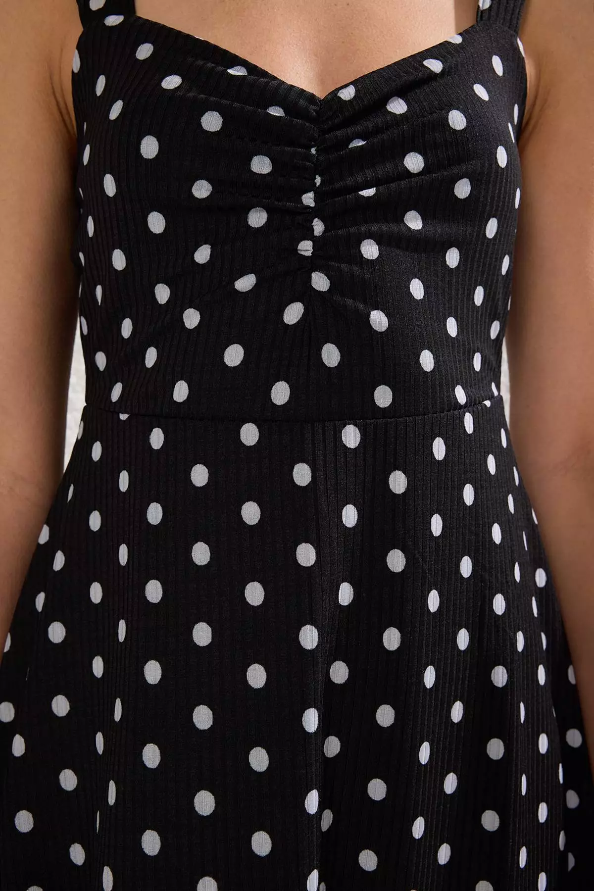 Black Strap Polka Dot Printed Skirt Ruffled Ribbed Stretchy Mini Knitted Dress