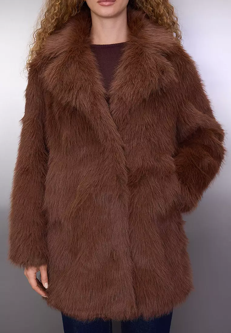 Brown Fur Mono Closure Oversize Midi Coat Twoaw26Kb6