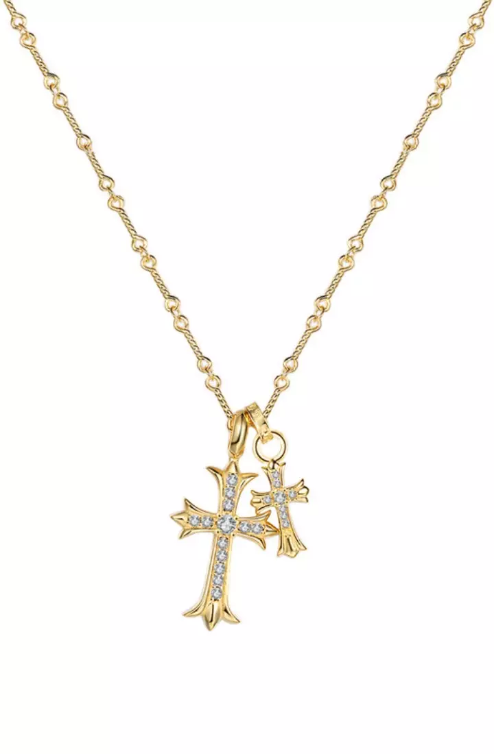 CELOVIS - Xavier Cross with Cubic Zirconia Engravable Pendant Chain Necklace in Gold
