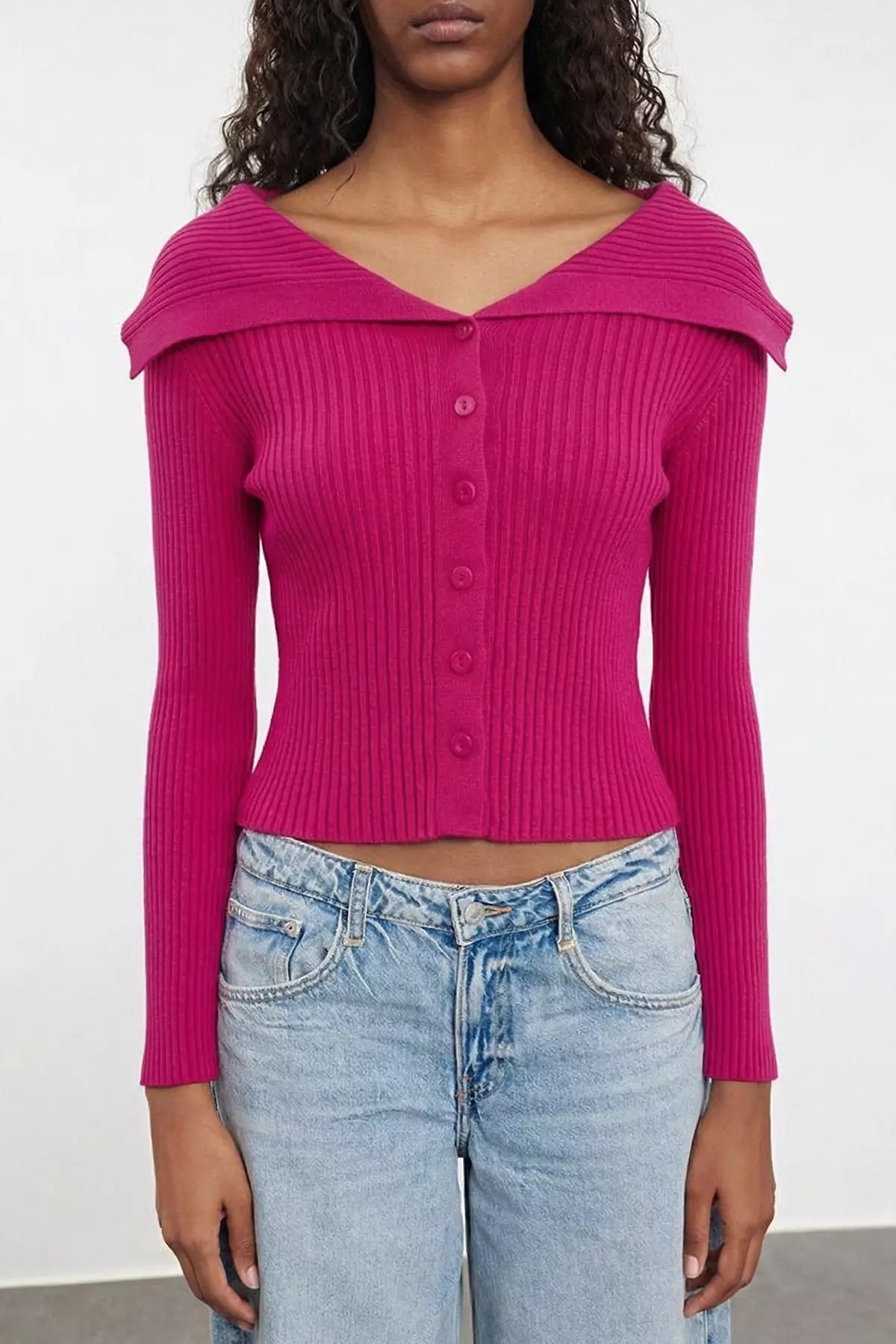 Fuchsia Crop Turn-Down Collar Knitwear Cardigan Twoaw24Hi284