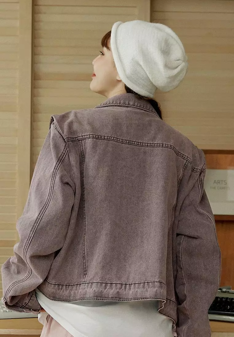 Washed Cropped Denim Jacket with Raw Hem & Drop Shoulder [EA3678]