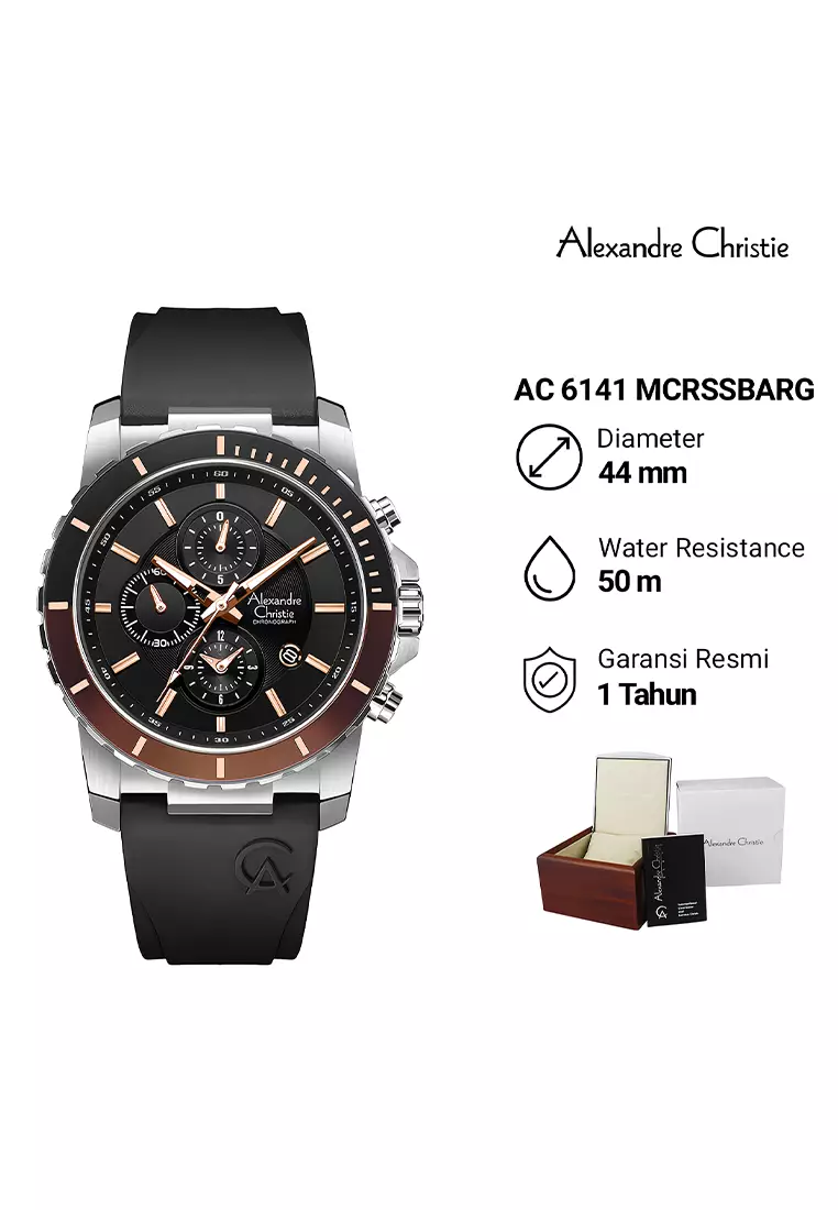 Alexandre Christie - Jam Tangan Chronograph Pria - Silver Case Black Rubber Strap - 6141MCRSSBARG