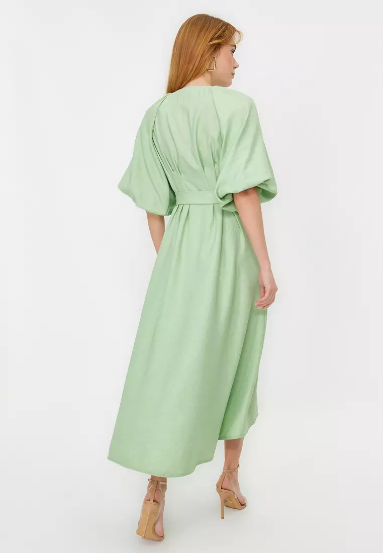 Belted Half Balloon Sleeve Linen Shirt Dress