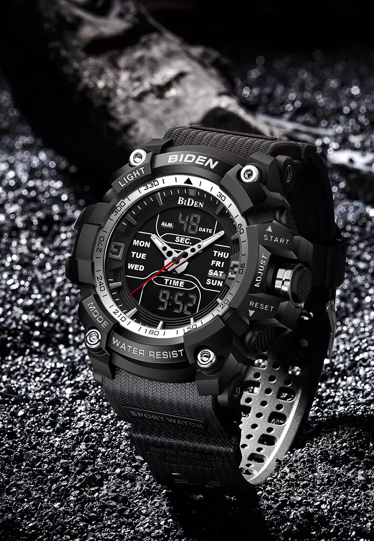 BIDEN Jam Tangan Pria Militer Tali Silikon Analog&Digital Display Jam Tangan Cowok BlackWhite