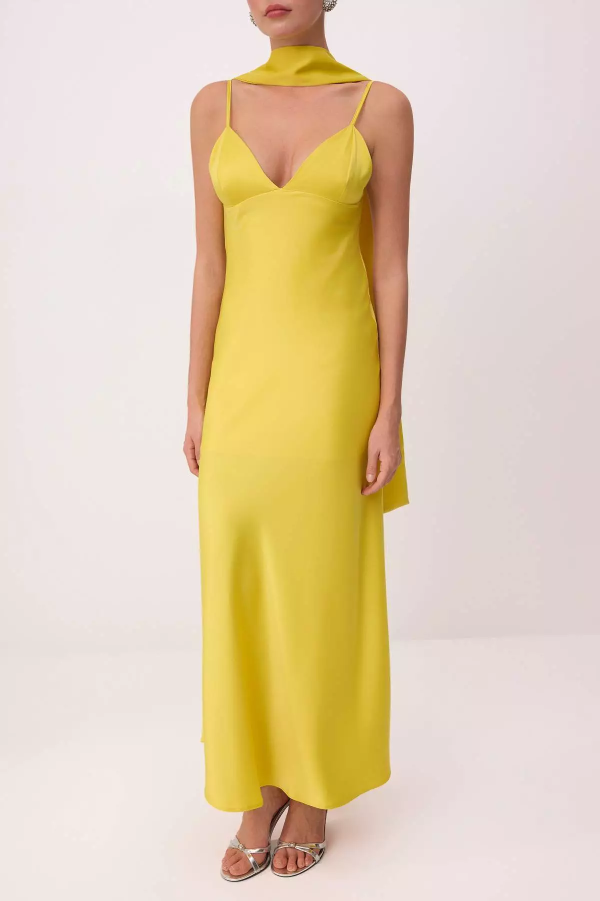 Light Yellow Plain Scarf Woven Satin Maxi Lined Stylish/Evening Dress
