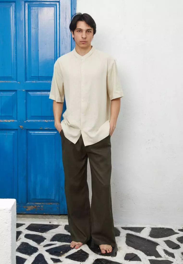 Jumeirah Kemeja Linen Muslim Pria Lengan Pendek Warna Cream | Men's Cream Short Sleeve Linen Shirt