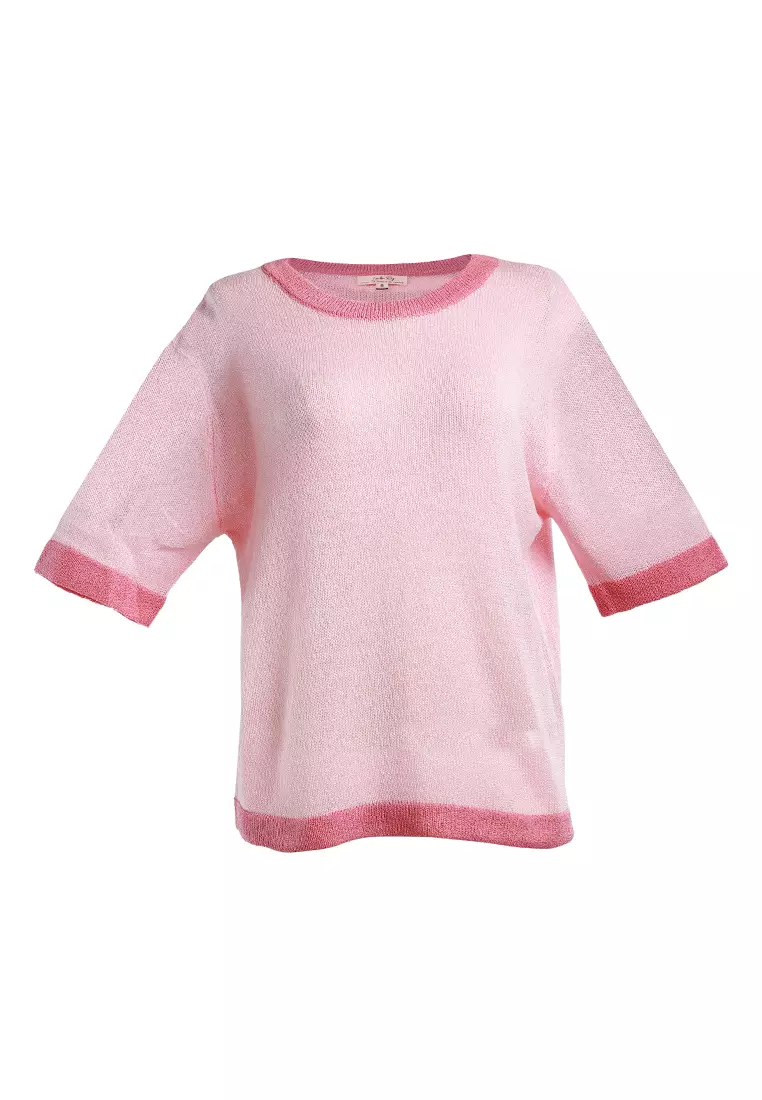 Pink Contrast Neck and Sleeve Rib T-Shirt
