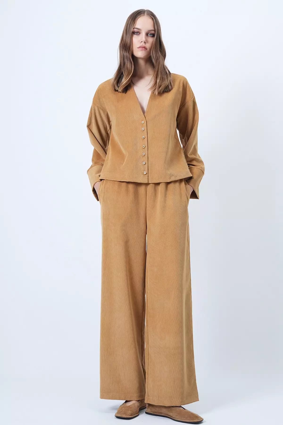 Camel Hakim Collar Gold Button Detailed Velvet Jacket And Palazzo Trousers Two-Piece Set Alc-X14633