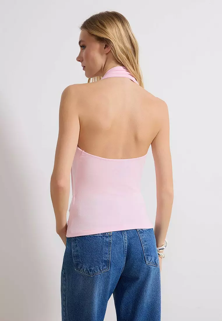 Pink Fitted/Degaje Collar Sleeveless Soft Knitted Blouse Twoss26Bz37