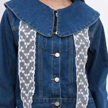 Elena Cropped Denim Lace Jacket in Navy