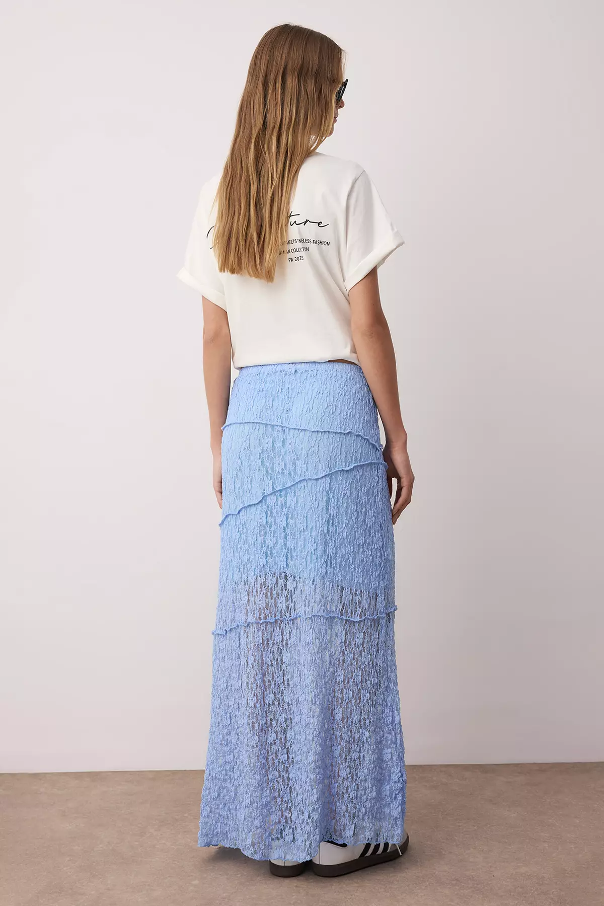 Light Blue A Line Lace Lined Maxi Skirt