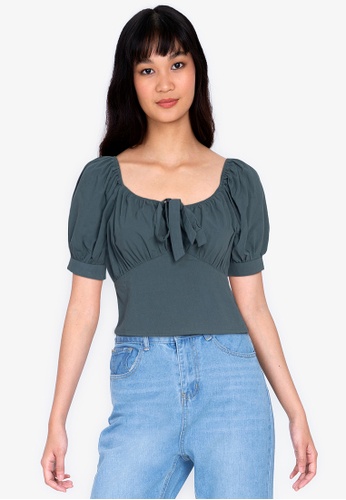 ZALORA BASICS green Off Shoulder Tie Front Ruched Top F9D17AA6B38AE4GS_1