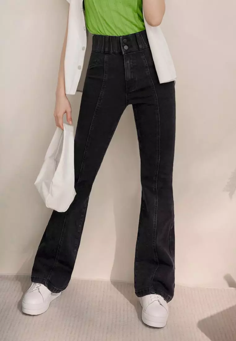 視覺細-5KG．彈力高腰造型口袋喇叭牛仔顯瘦褲《BA7587》