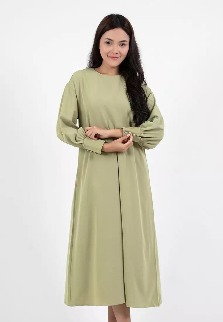 Forest x Hatta Dolmat Ladies Woven Plain Textured Cuffed Long Sleeve Midi Dress - 885069-41Green