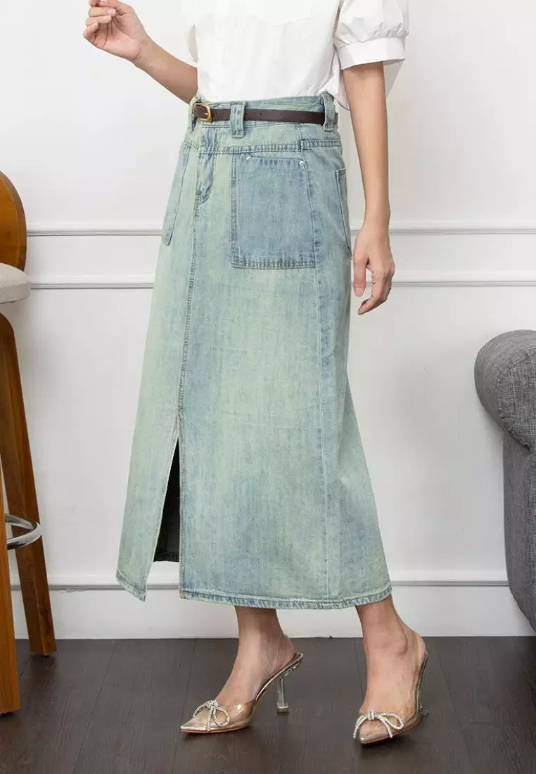 Requel Midi Slit Skirt with Belt in Light Blue