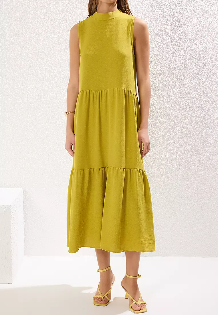 Oil Green Shift/Straight Cut Stand Collar Midi Woven Dress