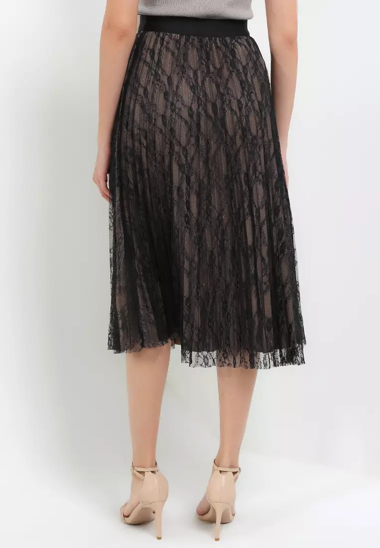 Pleated Lace Midi Skirt W/ Studs Lining