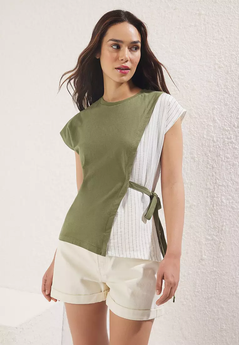 Khaki Weaving Garni And Baglama Detail Relaxed Pattern Knitted Blouse Twoss25Bz00094