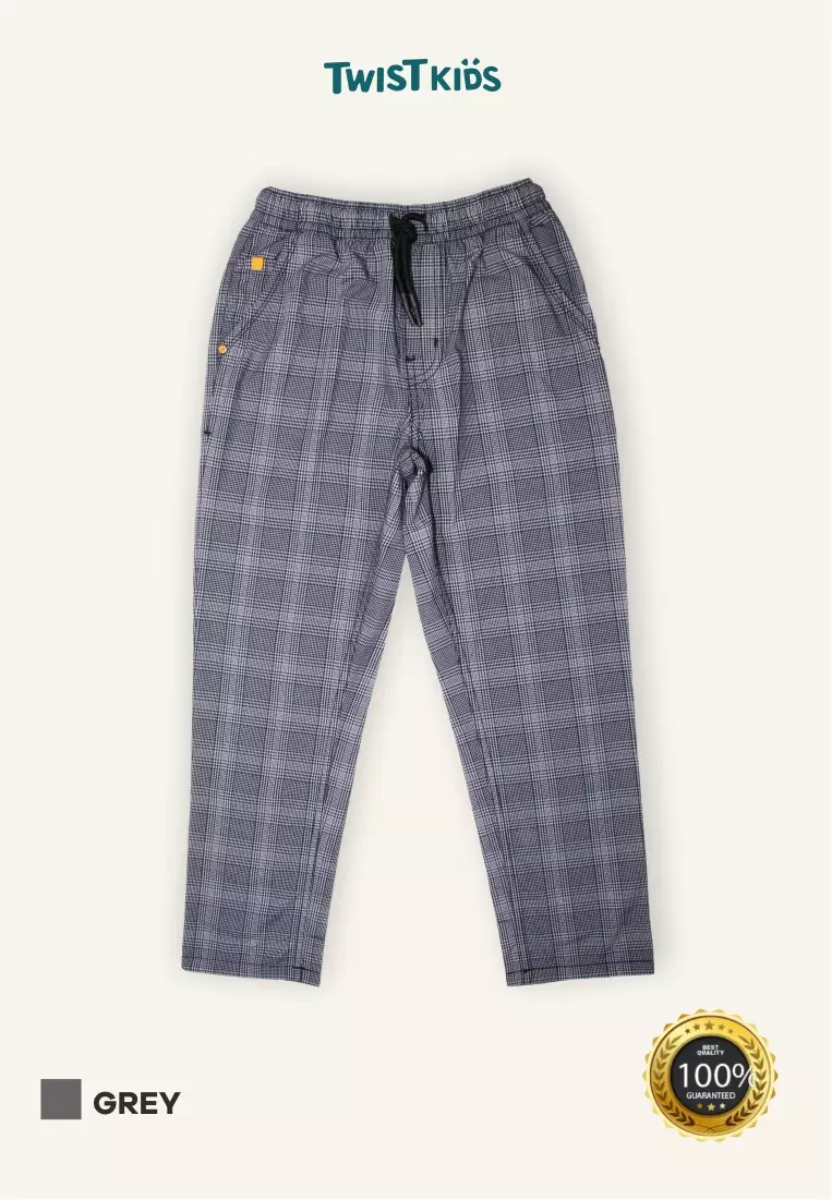 Twist Kids [Official Store] - Cleine C, Bawahan/Celana/Celana Katun Panjang Full Karet Motif Kotak-Kotak Anak Laki-laki (4-14 tahun) Warna Abu-Abu (Grey)