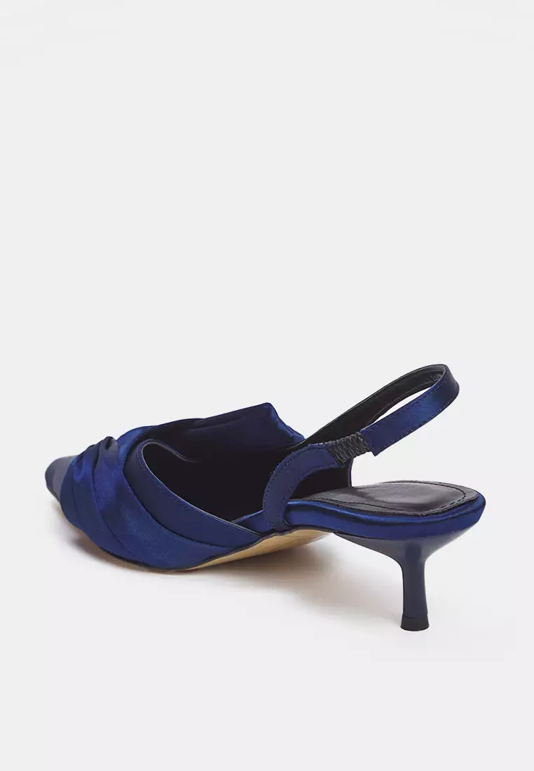 Navy Blue Satin Knot Detail Pointed Toe Women's Kitten Heels Shoes Takss25To00104