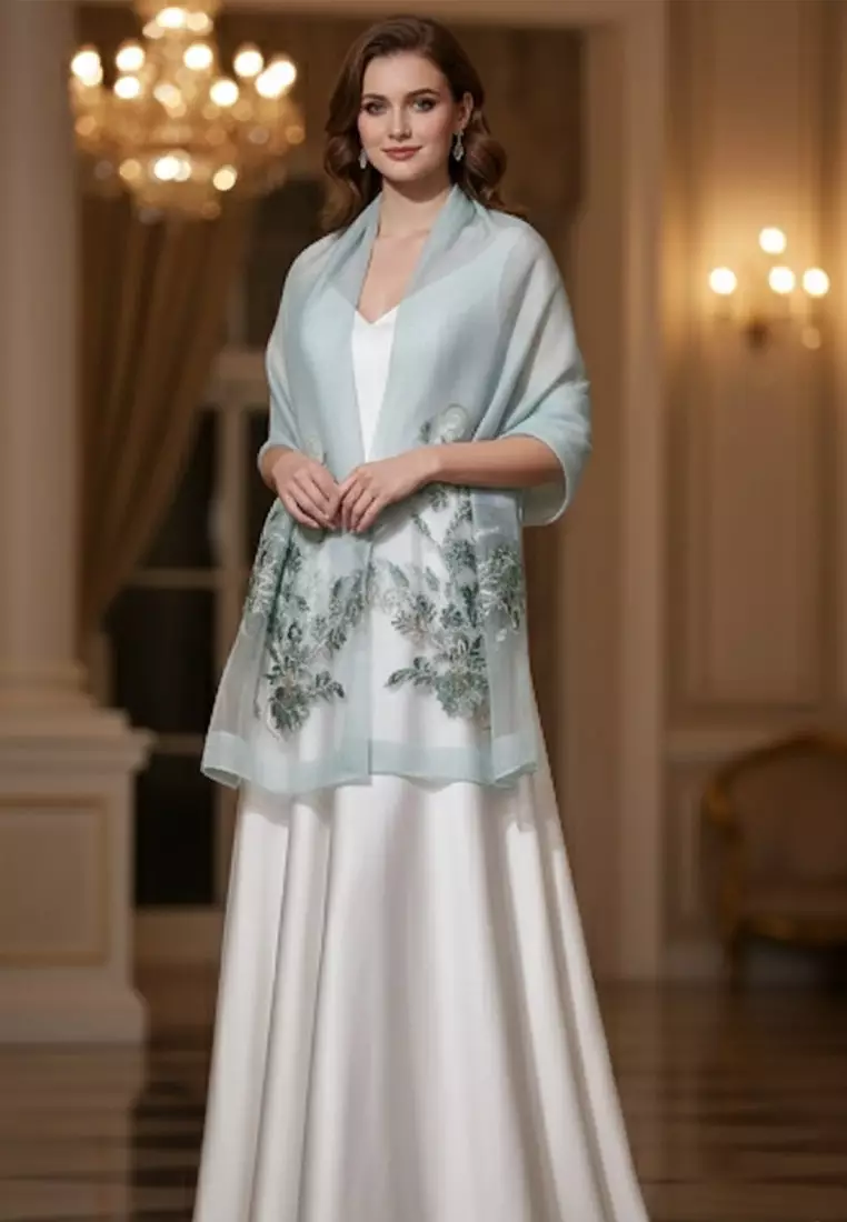 Golden Thread Embroidery Camelia Floral Silk Shawl Syal Sutra Wanita Aqua Marine