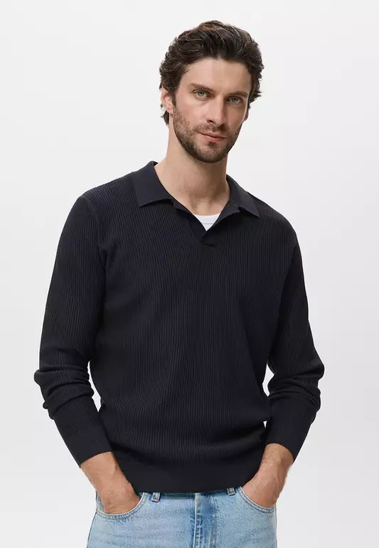 Cotton-Blend Ribbed Polo Sweater
