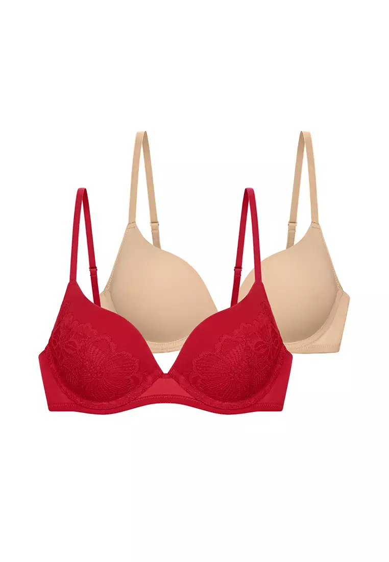 FLORIE Women's Push Up Bra Plunge 3/4 Cup Underwired Demi T-shirt Bras, Pack of 2, Red Beige